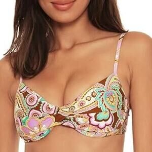 BECCA Groovy Vanessa Twist Underwire Swim Bikini Top Purple Paisley Floral Med